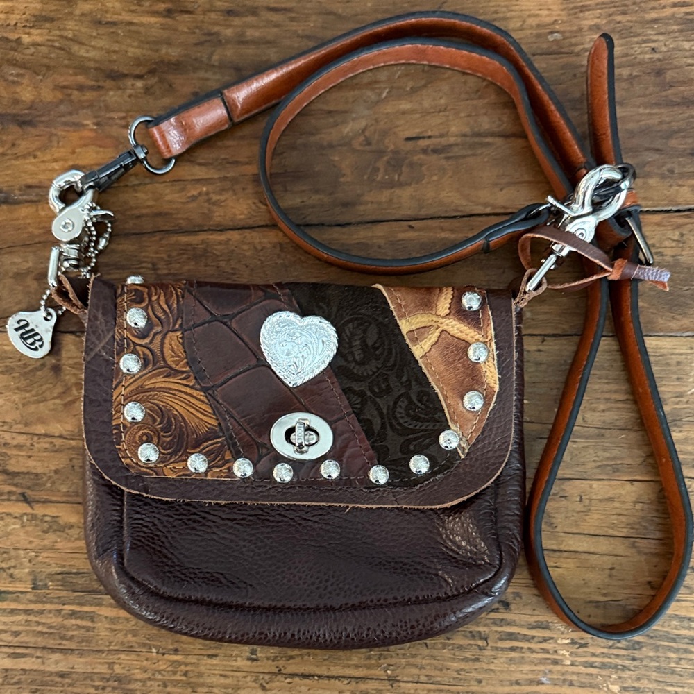 Hip Bag Company Brown Small Leather Patchwork Studded Crossbody 7x6x1"